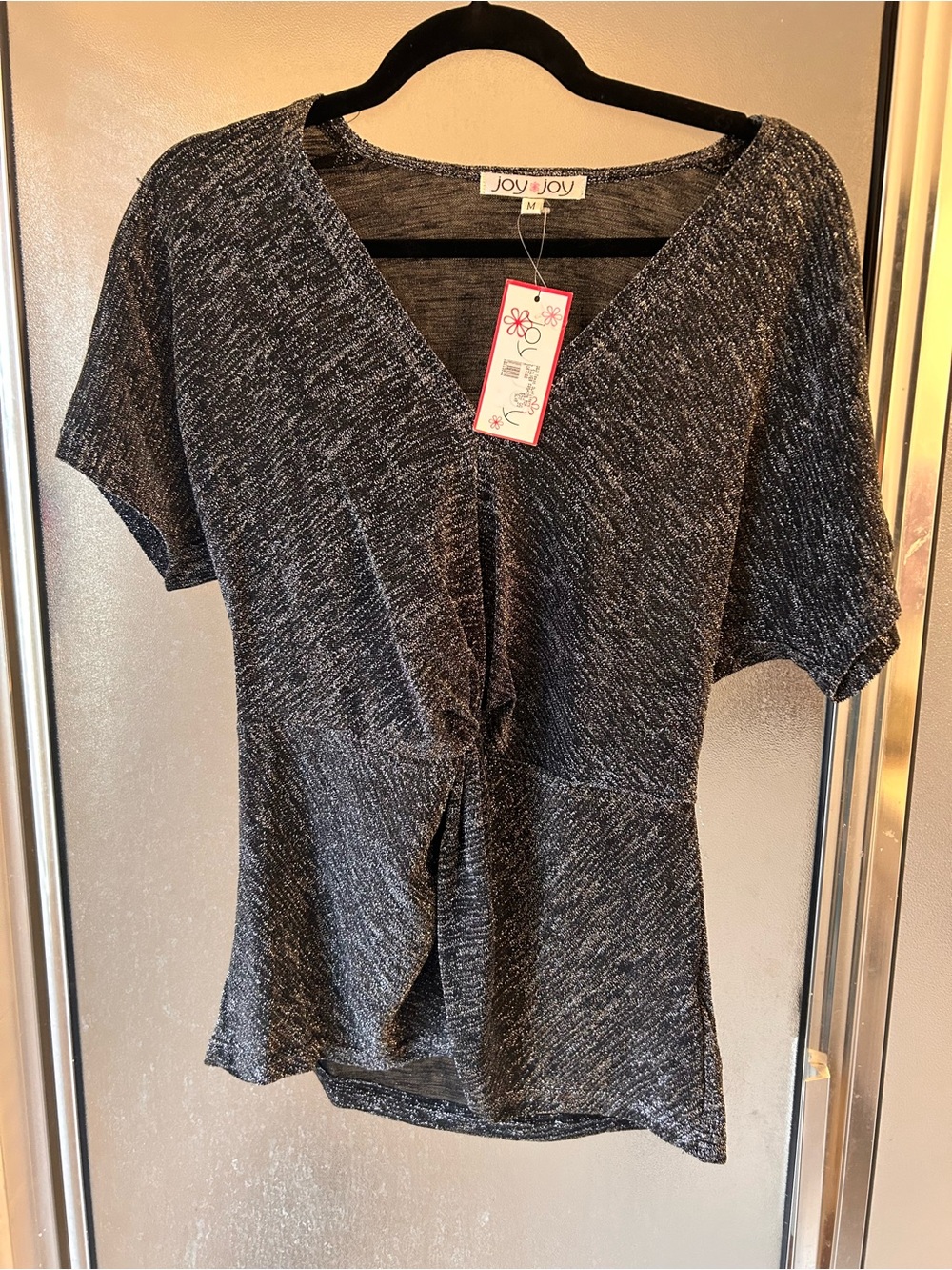 Boutique Silver/Black Shimmer V-Neck Twist Front Women's Top